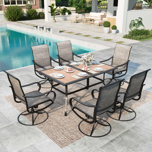 Summit Living 7-Piece Outdoor Dining Set with Padded Textilene Swivel Chairs and Rectangular Wood-Look Table for 6, Black