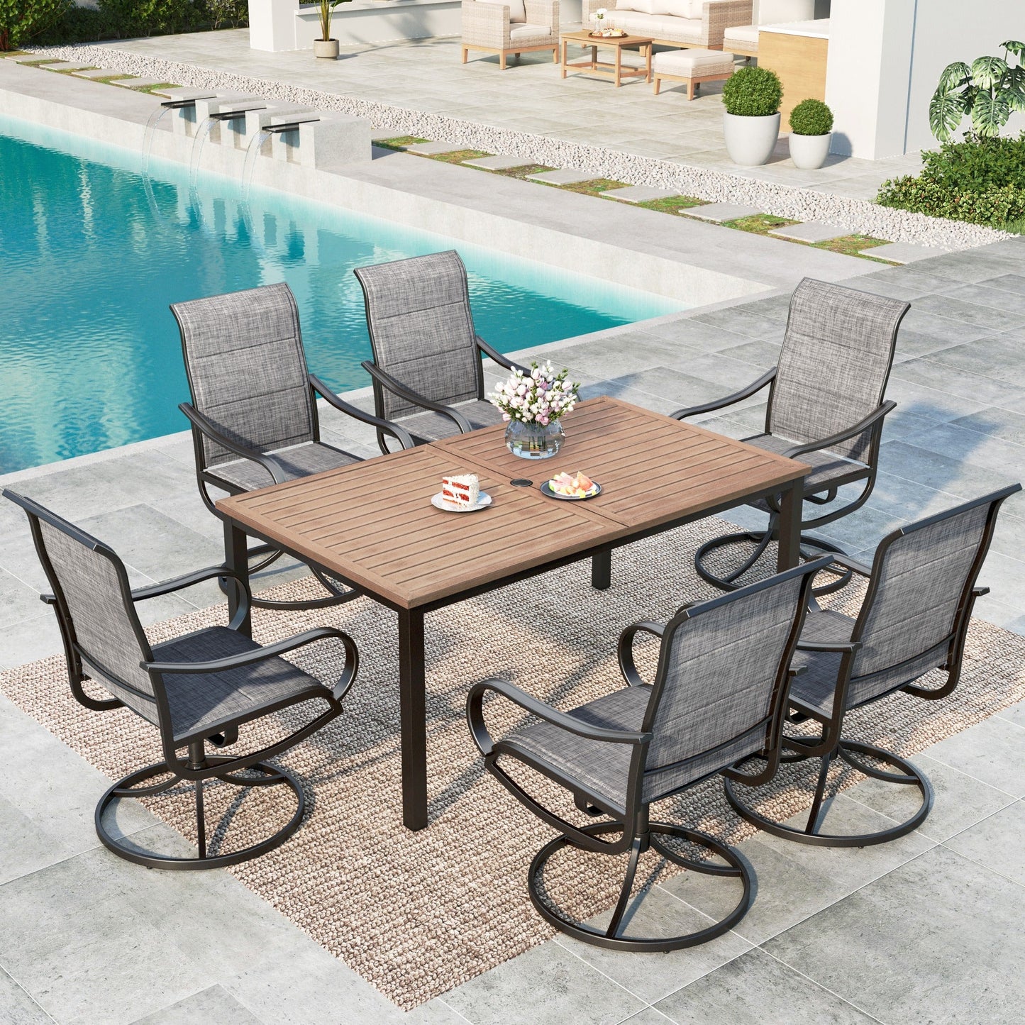 MF Studio Set of 7 Outdoor Dining Set with High-Back Swivel Padded Chairs & Wood-Like Table for 6-Person, Black & Brown-Gray