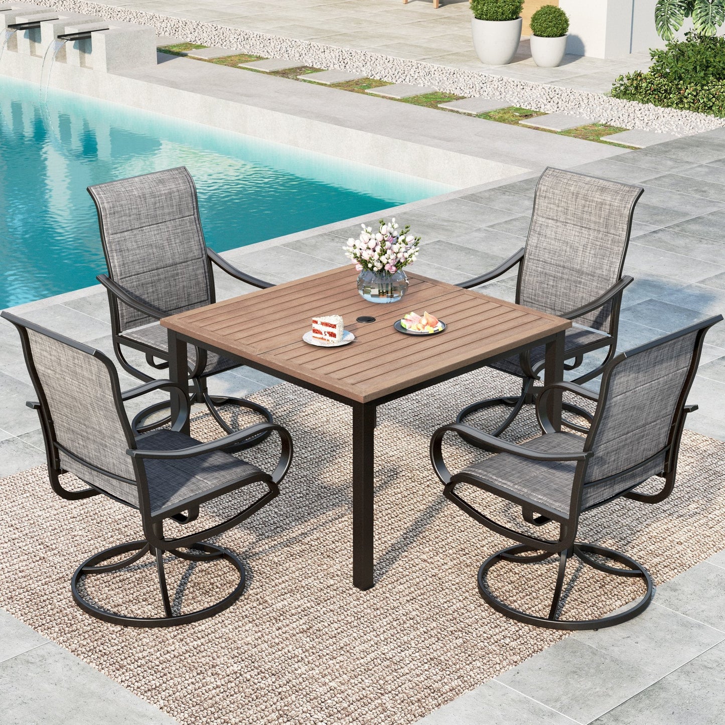 MF Studio 5-Piece Outdoor Patio Dining Set with High-Back Swivel Sling Chairs & Wood-Like Table for 4-Person, Black Steel Frame & Gray Brown Seat