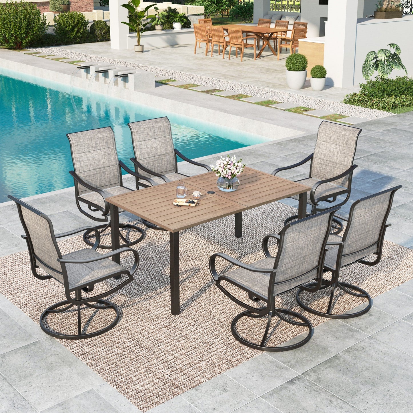 Summit Living 7-Piece Outdoor Patio Dining Set, 6 High-Back Swivel Chairs and Rectangle Wood Grain Table