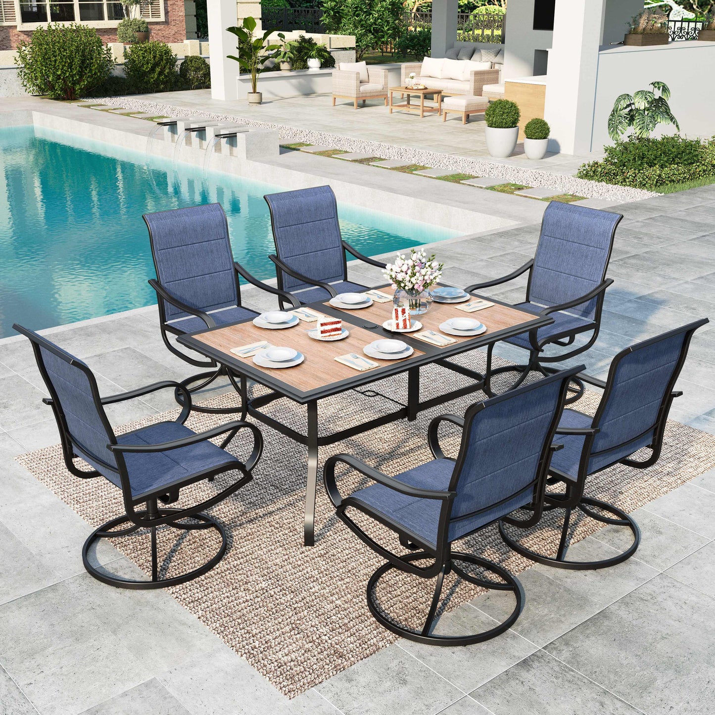 Summit Living 7-Piece Outdoor Patio Dining Set with 6 Textilene Swivel Padded Chairs and Rectangular Wood-Look Table, Blue