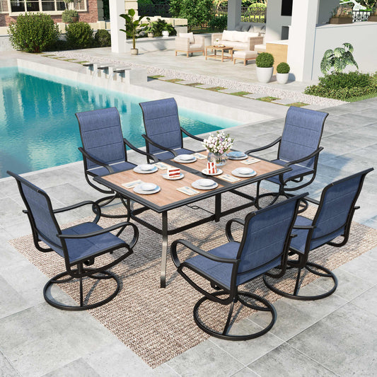 Summit Living 7-Piece Outdoor Dining Set with Padded Textilene Swivel Chairs and Rectangular Wood-Look Table for 6, Blue