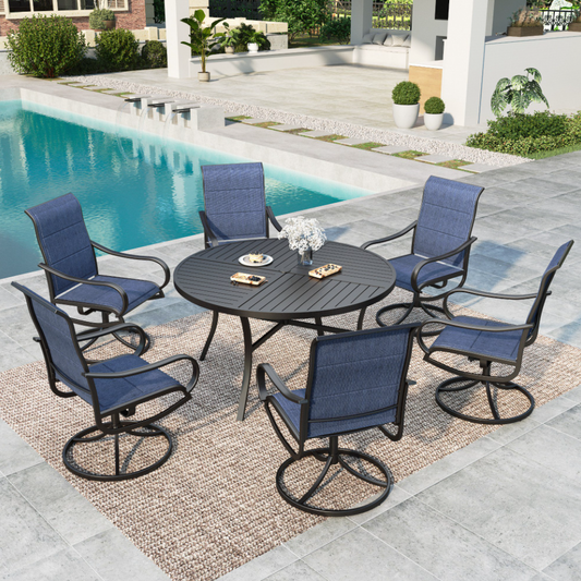 MF Studio 6-Person Patio Dining Set with High-Back Swivel Chairs & Round Table,Black & Blue