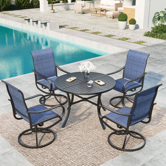 MF Studio 5-Piece Outdoor Patio Dining Set with High-Back Swivel Sling Chairs & Round Table for 4-Person, Padded Textilene Seat, Black & Blue