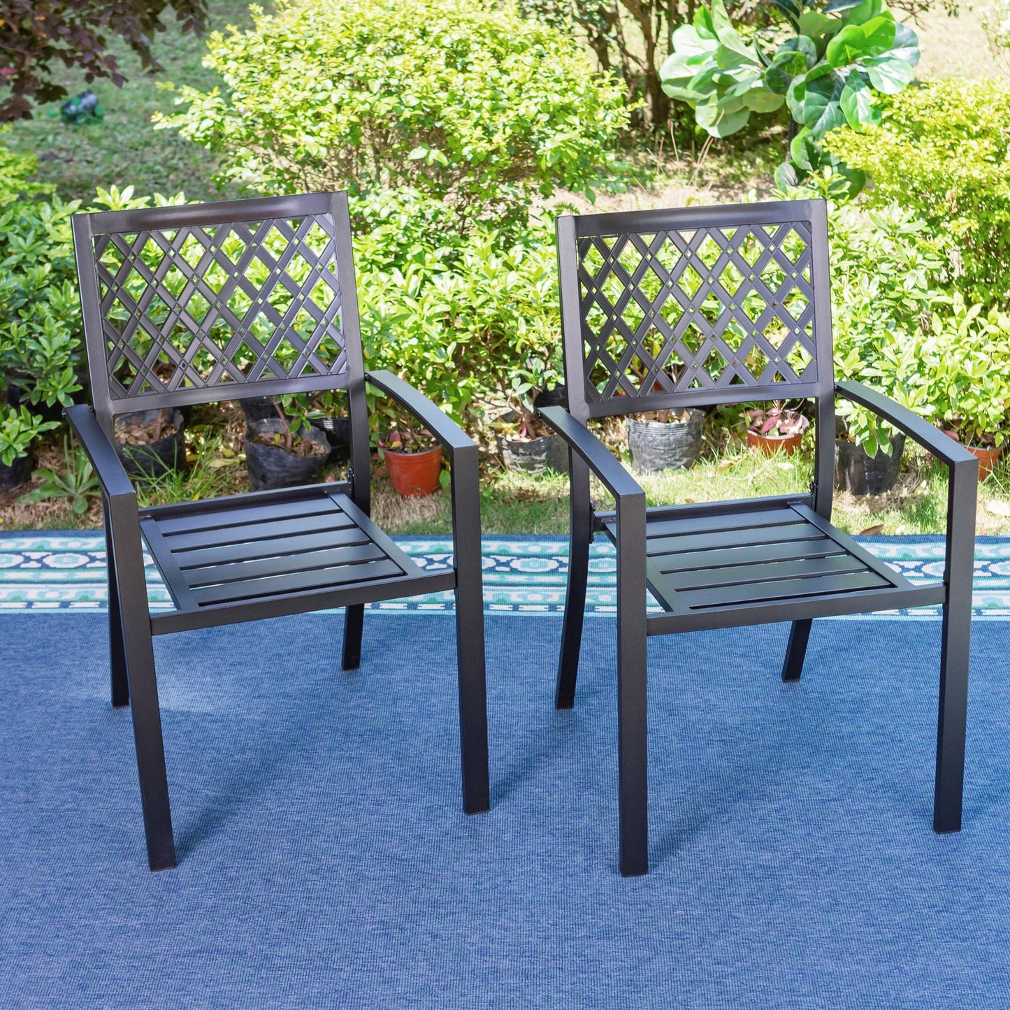 MF Studio Set of 2 Outdoor Patio Dining Chairs, Stcking Metal Armchairs, Black