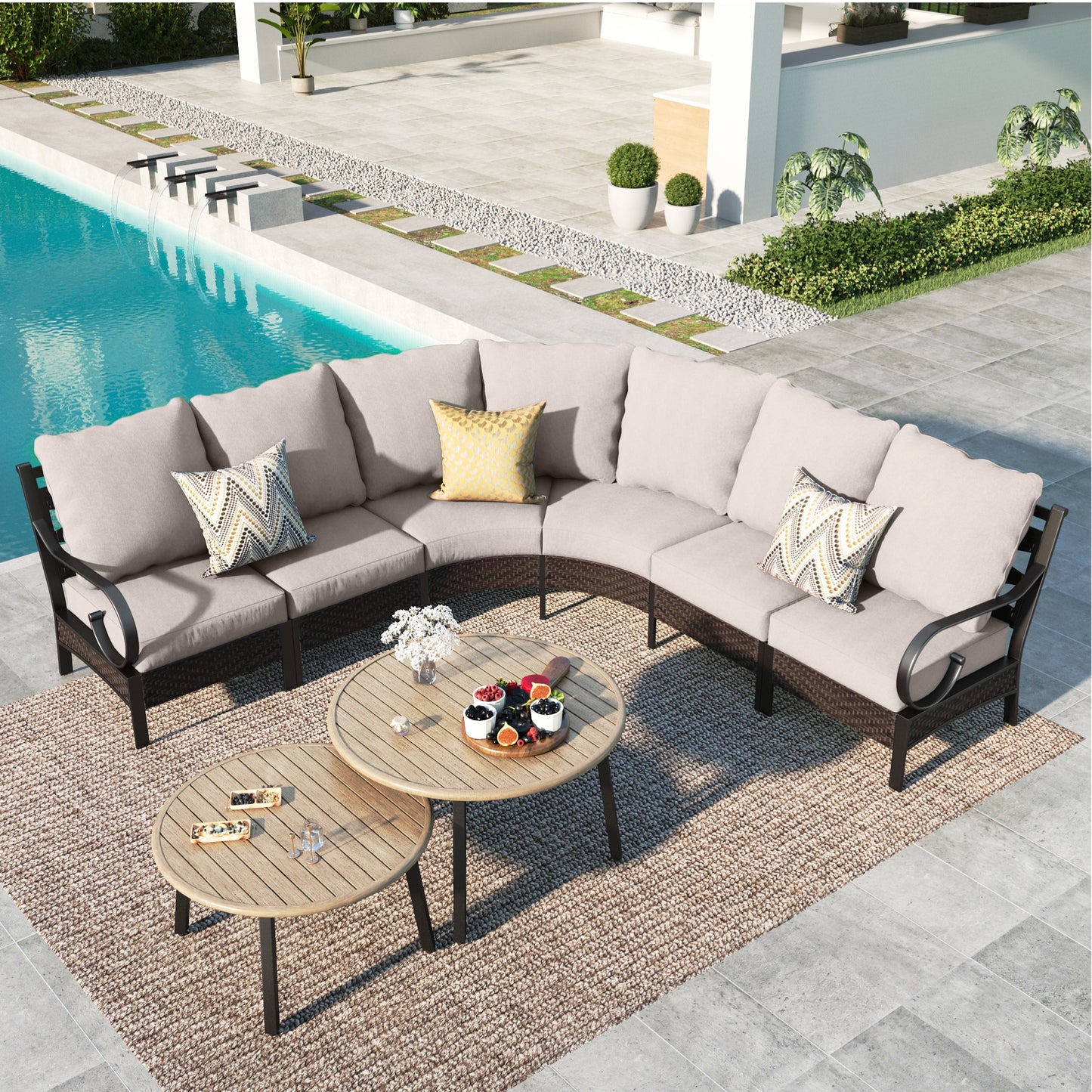 Summit Living 6-seat Patio Furniture Set, Half-moon Outdoor Sectional Set Conversation Set with 2 Nesting Round Wood-grain Coffee Table, Black & Beige