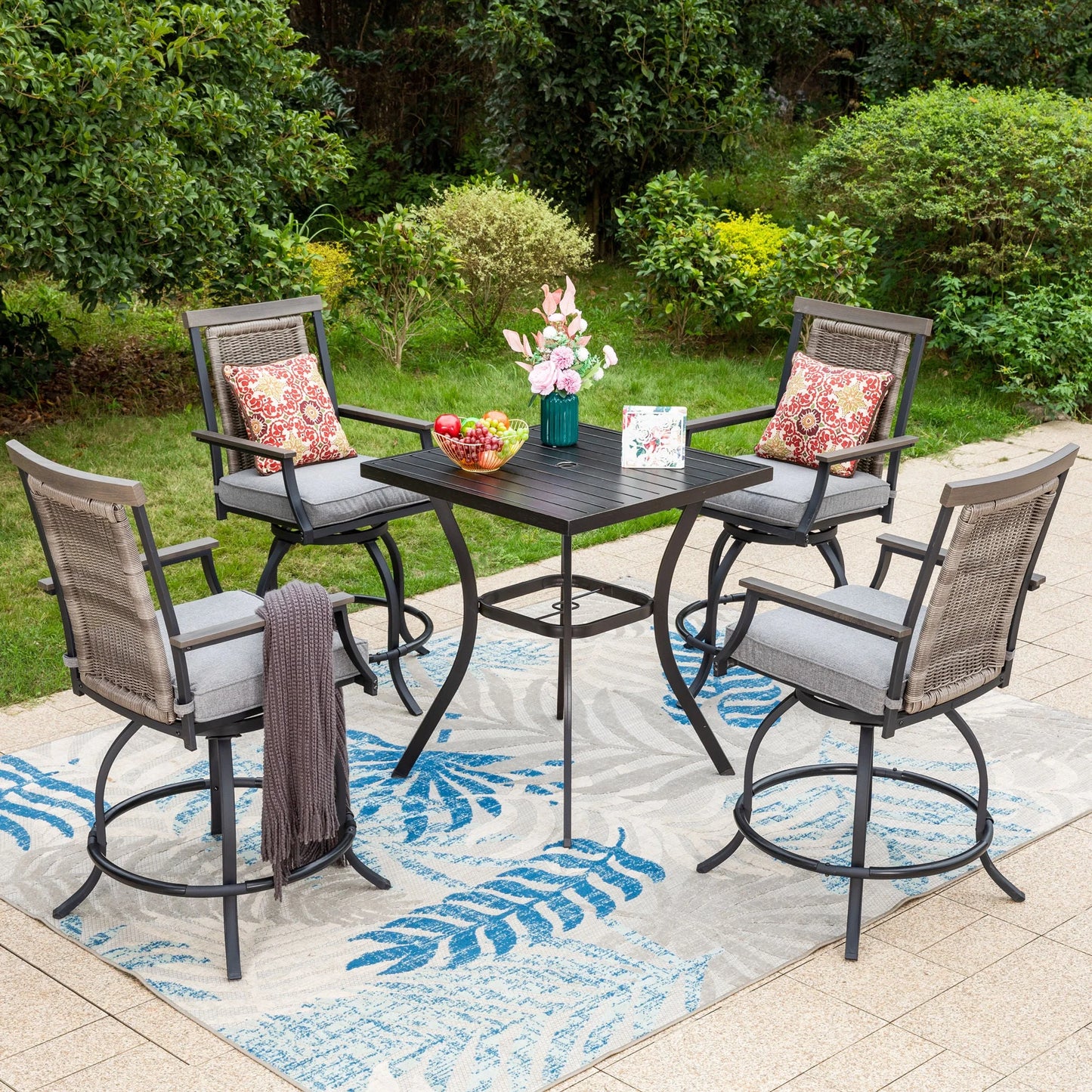 Summit Living 4-person Outdoor Bar Stool Set with High-Back Wicker Cushioned Swivel Chairs & Counter Height Patio Dining Table, Black & Gray