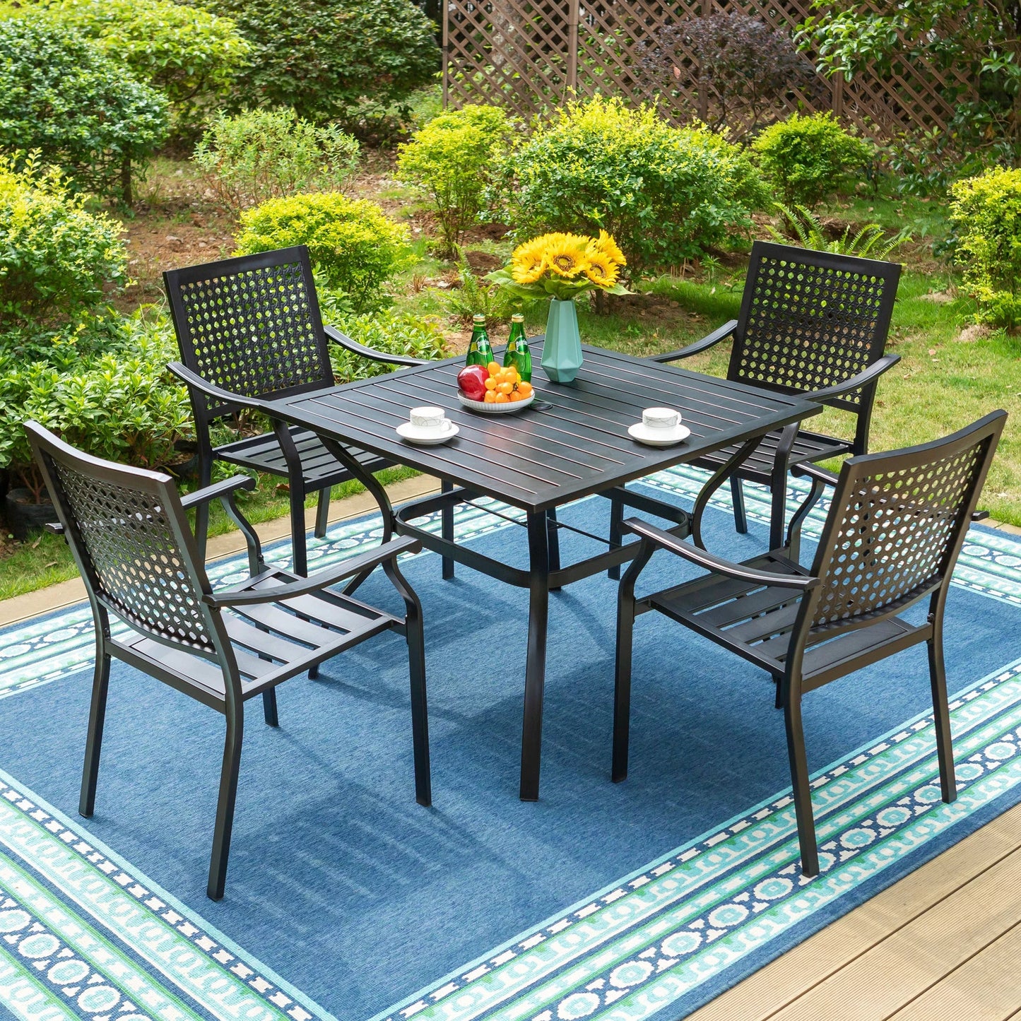 MF Studio 5-Piece Outdoor Patio Dining Set with 4 Metal Armchairs & 1 Metal Square Table with Umbrella Hole, Black