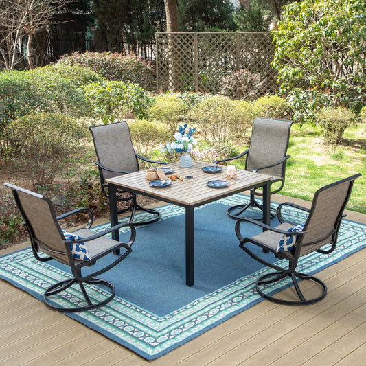 Summit Living 4-seat Outdoor Dining Set with Swivel Chairs & Wood-look Table, 1.75" Umbrella Hole, Black & Brown-Gray