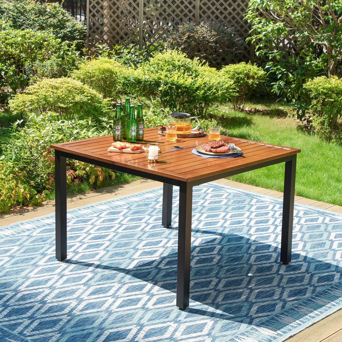 Summit Living Outdoor Square Dining Table, 1.9" Umbrella Hole & Wood Grain Top, Black & Brown