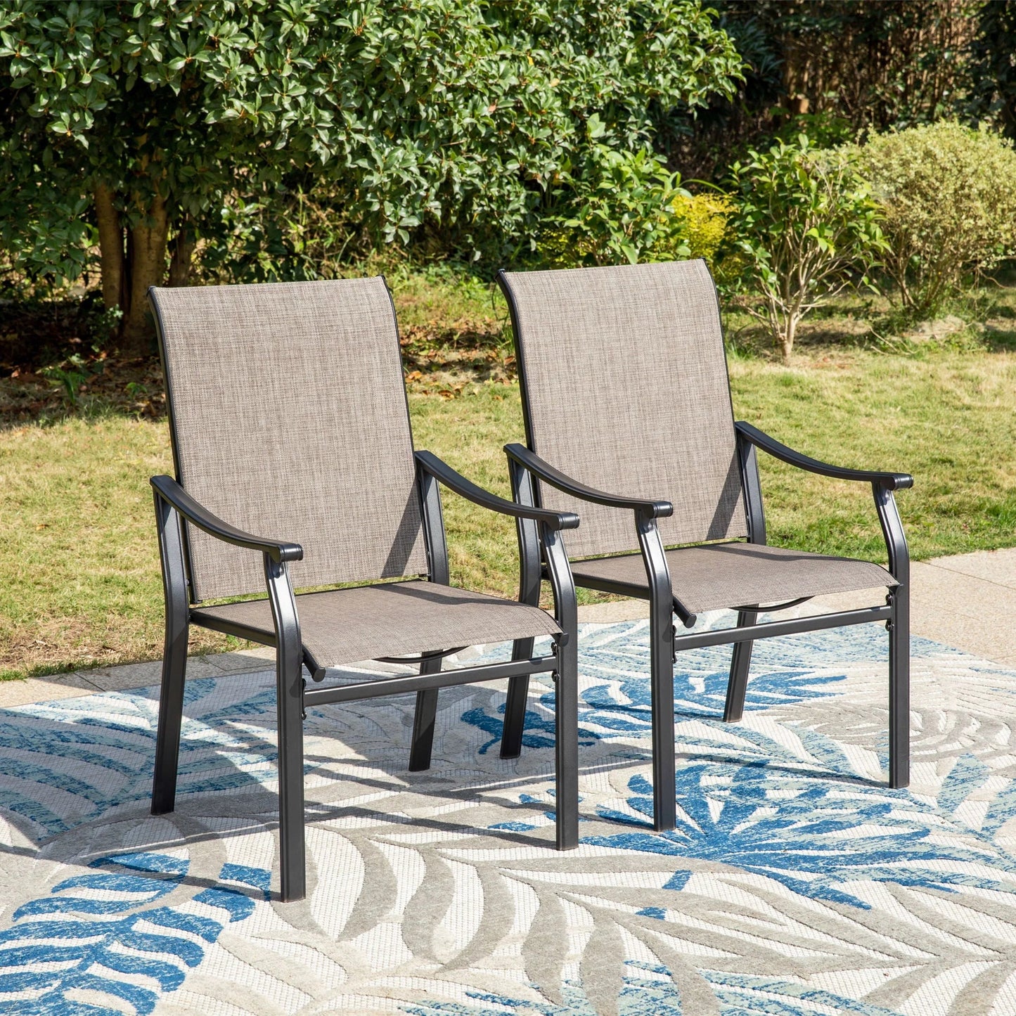 Summit Living Set of 2 Outdoor Patio Dining Chairs, All-Weather Steel Frame & Textilene Seat, Black & Gray