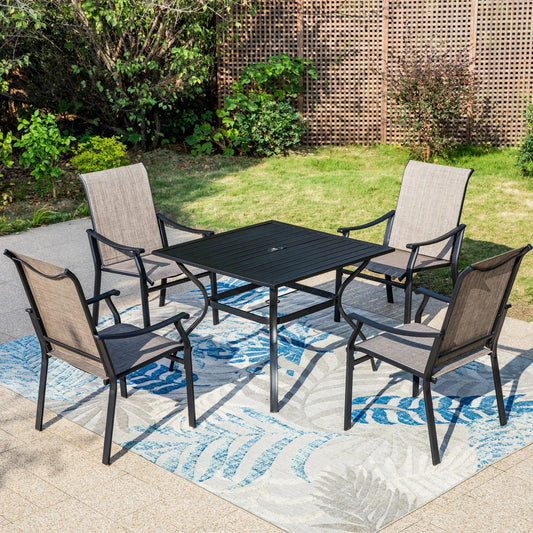 Summit Living 5-Piece Patio Outdoor Dining Set with 350 LBS Textilene Chairs & Square Table, Black & Gray Brown