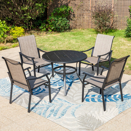 Summit Living 5-Piece Outdoor Dining Set with High-Back 350 lbs Capacity Textilene Chairs with & Round Table with Umbrella Hole, Black & Gray-Brown