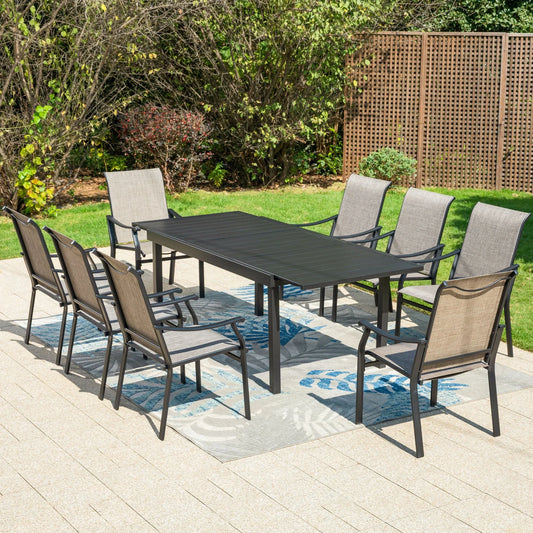 Summit Living 9-Piece Outdoor Dining Set with Large Expandable Table & 350 LBS Textilene Chairs for 8-Person, Black & Gray Brown