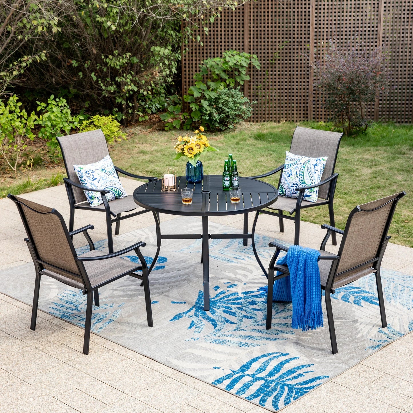 Summit Living 4-Seat Outdoor Dining Set with Textilene Chairs & Round Table, Black & Gray Brown