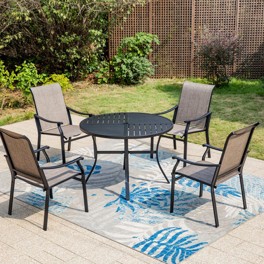 Summit Living 5-Piece Outdoor Dining Set with 350 LBS CapacityTextilene Chairs & Round Table, Black & Gray Brown