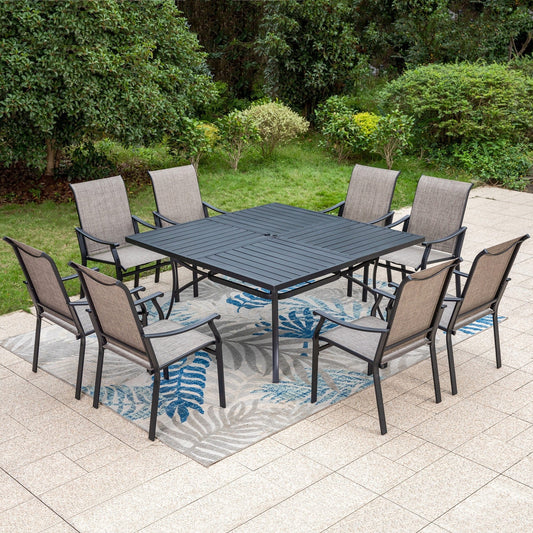 Summit Living 9-Piece 350 lbs Capacity Outdoor Dining Set with Large Square Table & Textilene Chairs for 8-Person, Black & Gray Brown