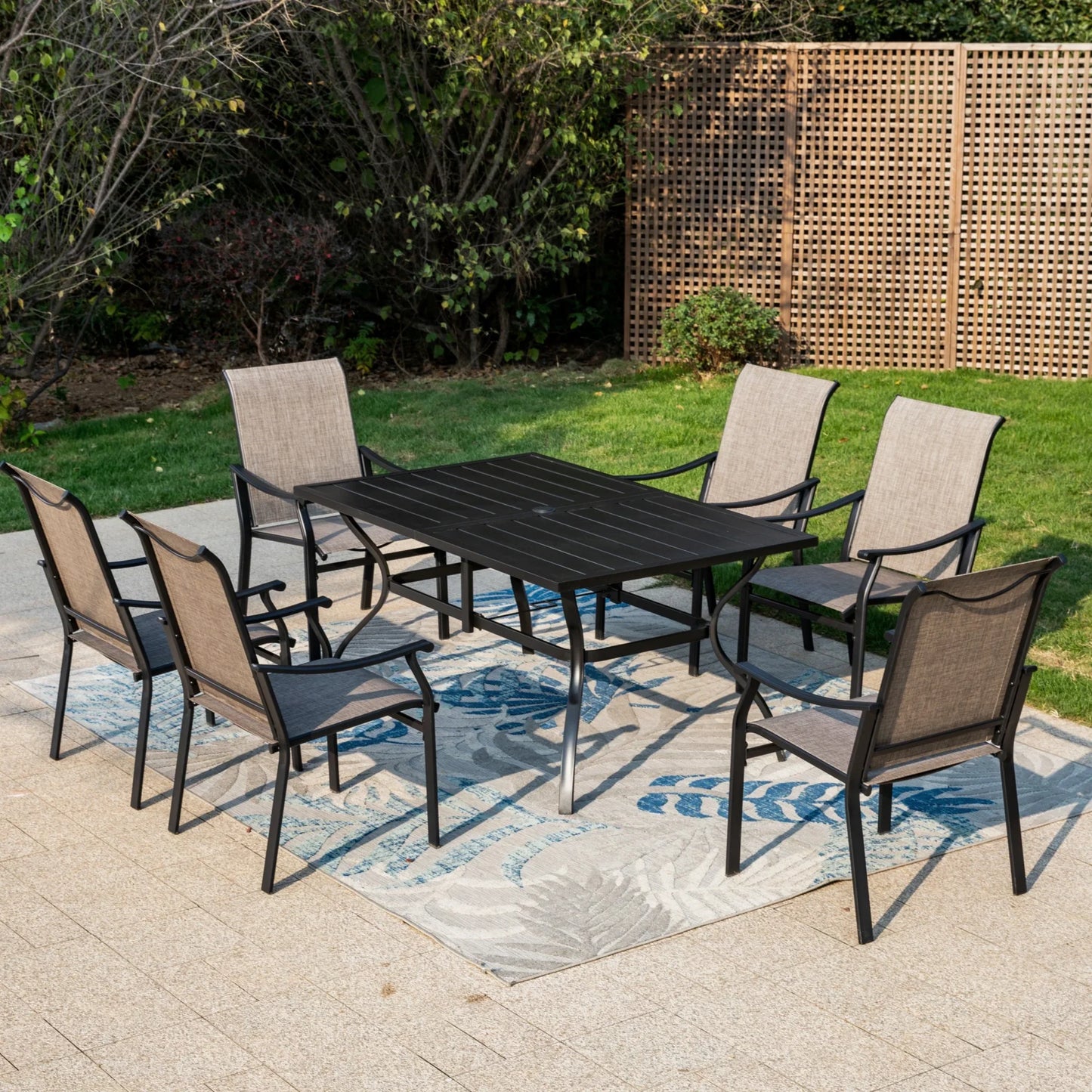 MF Studio 7-Piece Outdoor Patio Dining Set with High-Back Sling Chairs & Rectangular Table for 6-Person, Black & Gray