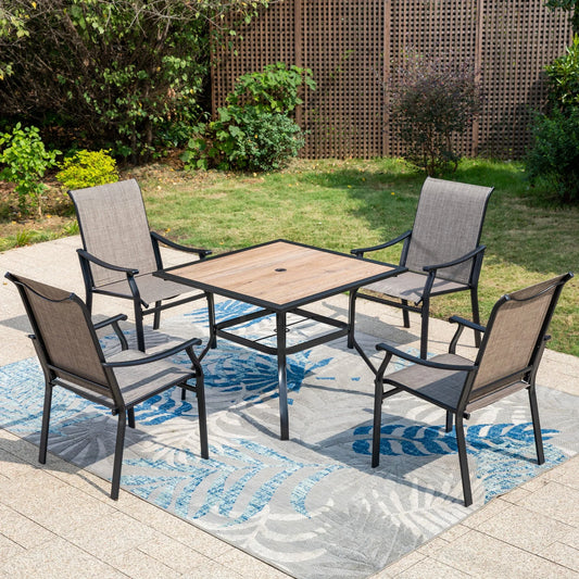 Summit Living 5-Piece Patio Outdoor Dining Set with 350LBS Textilene Chairs & Wood Grain Table, Black & Gray Brown