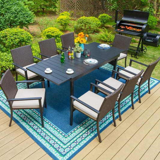 MF Studio Patio Wicker Cushioned Dining Set with Expandable Table for 8-Person, Black & Dark Brown