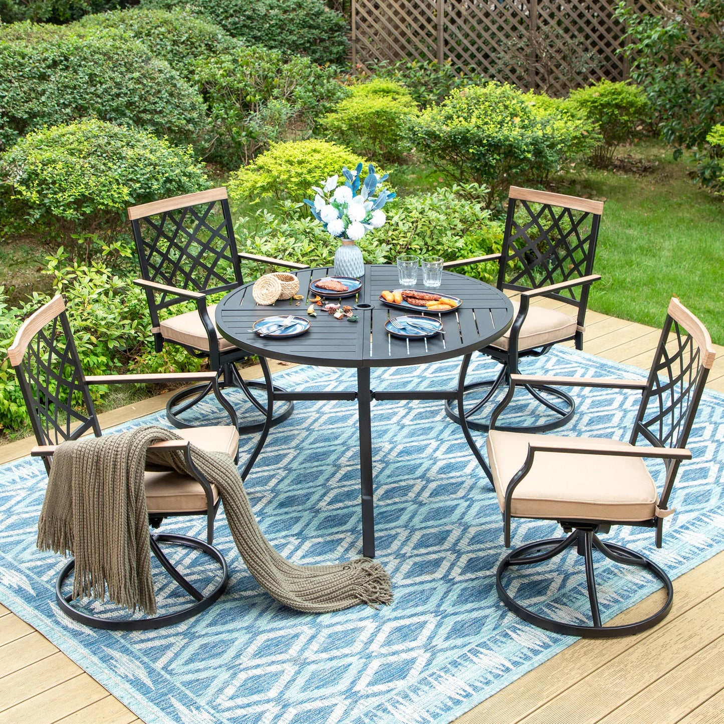 Summit Living 5-Piece Outdoor Dining Set with Swivel Cushioned Chairs & Round Table, Faux Wood Feature, Black & Beige