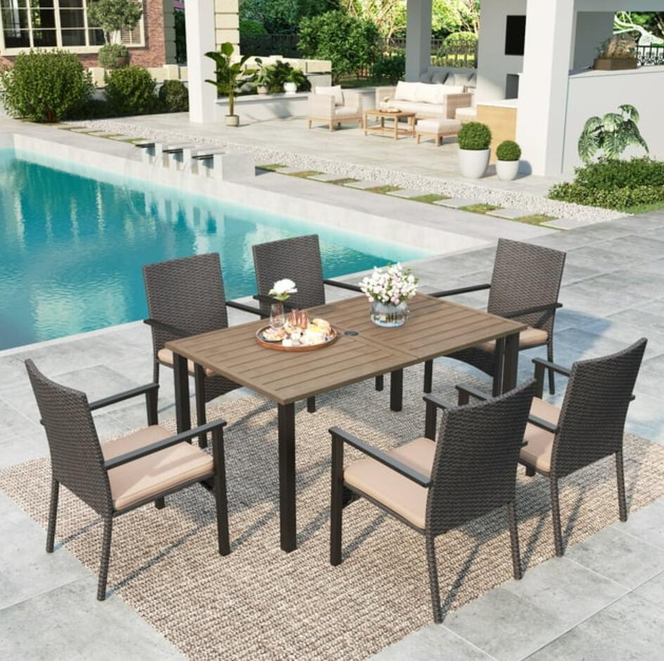 MF Studio 7-Piece Metal Outdoor Patio Dining Set with Cushioned Chairs and Teak Wood Table Furniture Set