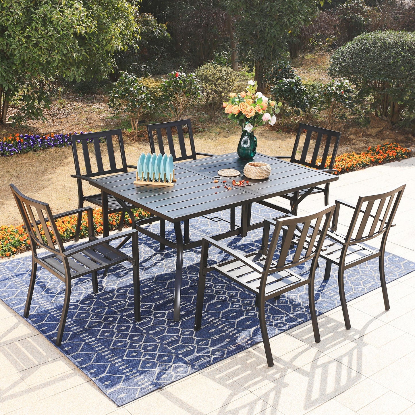 MF Studio 7-Piece Outdoor Dining Set, All-Weather Metal Steel Patio Furniture with Stacking Chairs & Rectangular Table for 6-Person, Black