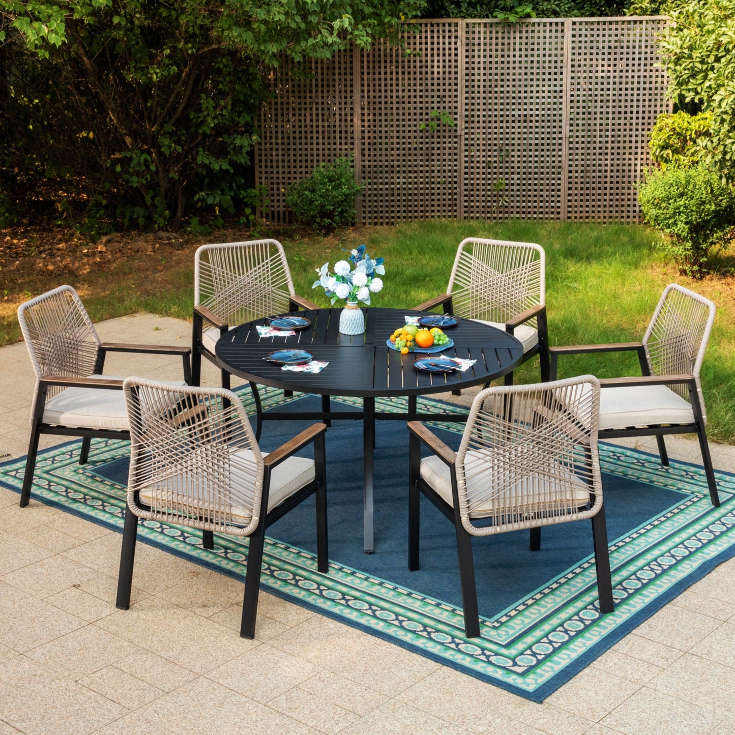 Summit Living 7-Piece Outdoor Dining Set with Large Round Table & Rattan Chairs for 6-Person, Black and Beige