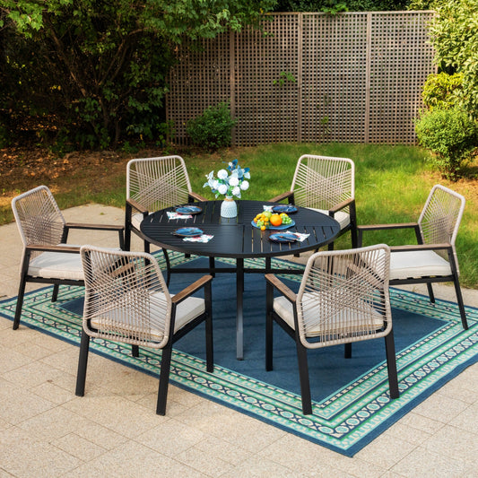 Summit Living 7-Piece Outdoor Dining Set with Large Round Table & Rattan Chairs for 6-Person, Black and Beige