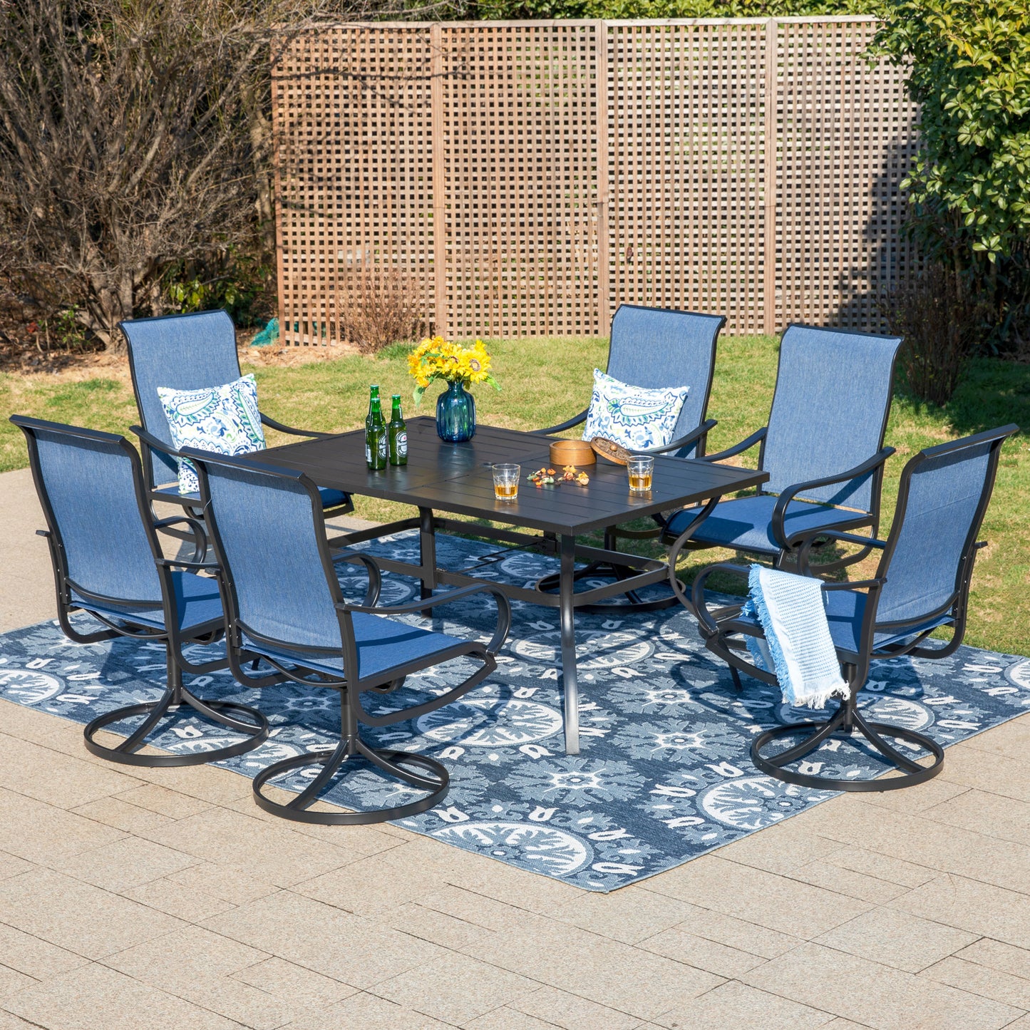 MF Studio 7 Pieces Outdoor Patio Dining Set, Metal Outside Furniture Set with Rectangle Table & Swivel Chairs for 6 Person, Black & Blue