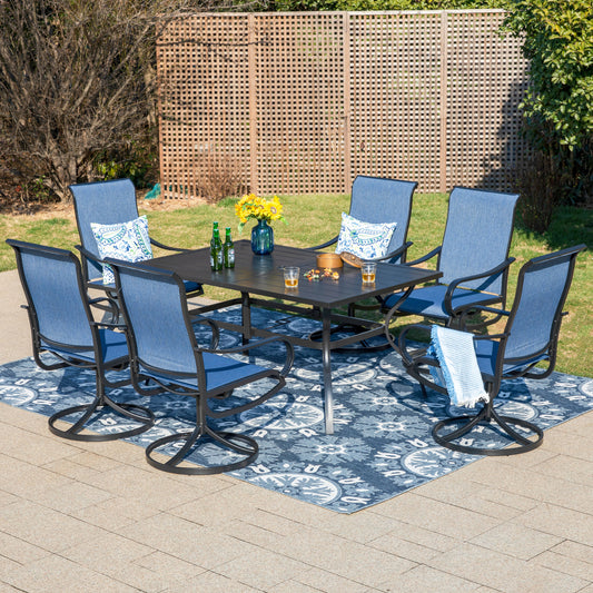 MF Studio 7 Pieces Outdoor Patio Dining Set, Metal Outside Furniture Set with Rectangle Table & Swivel Chairs for 6 Person, Black & Blue