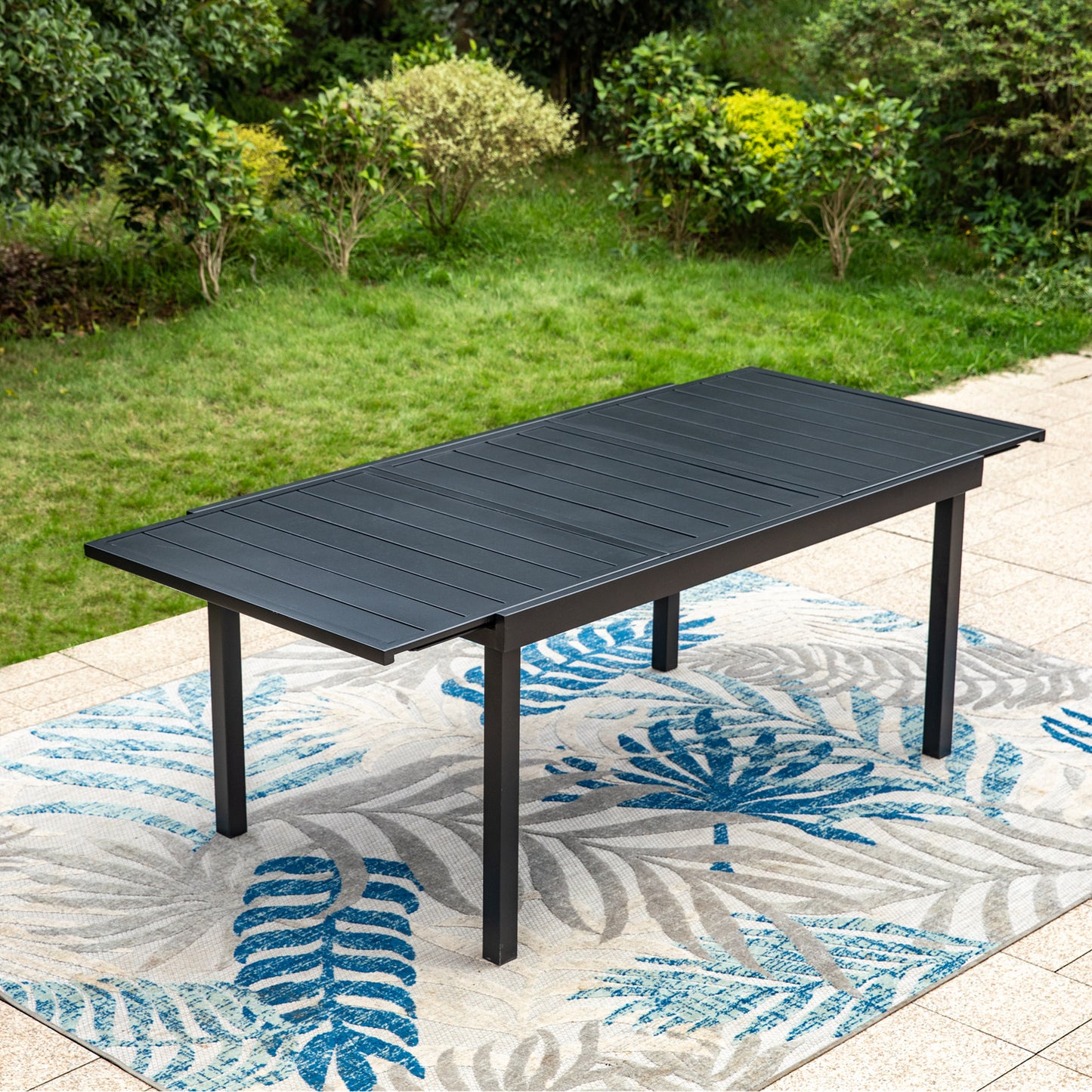 Summit Living 8-Seat Expandable Outdoor Dining Table, Metal Steel Outdoor Table, Slatted Table Top, Black