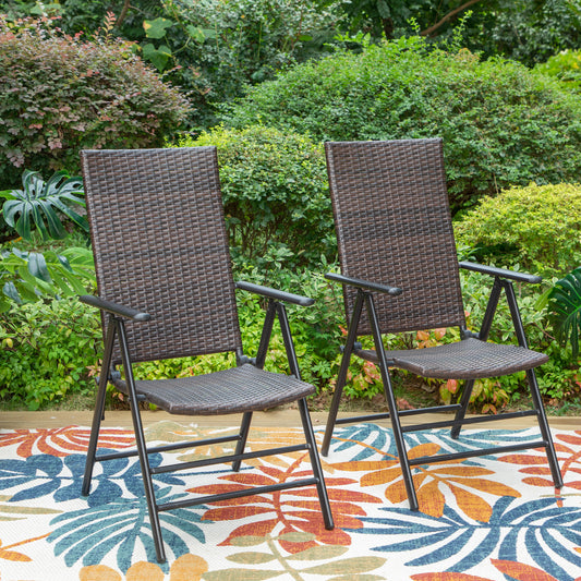 MF Studio 2-Piece Outdoor Wicker Folding Chairs with 7-Level Adjustable High Back, Dark Brown