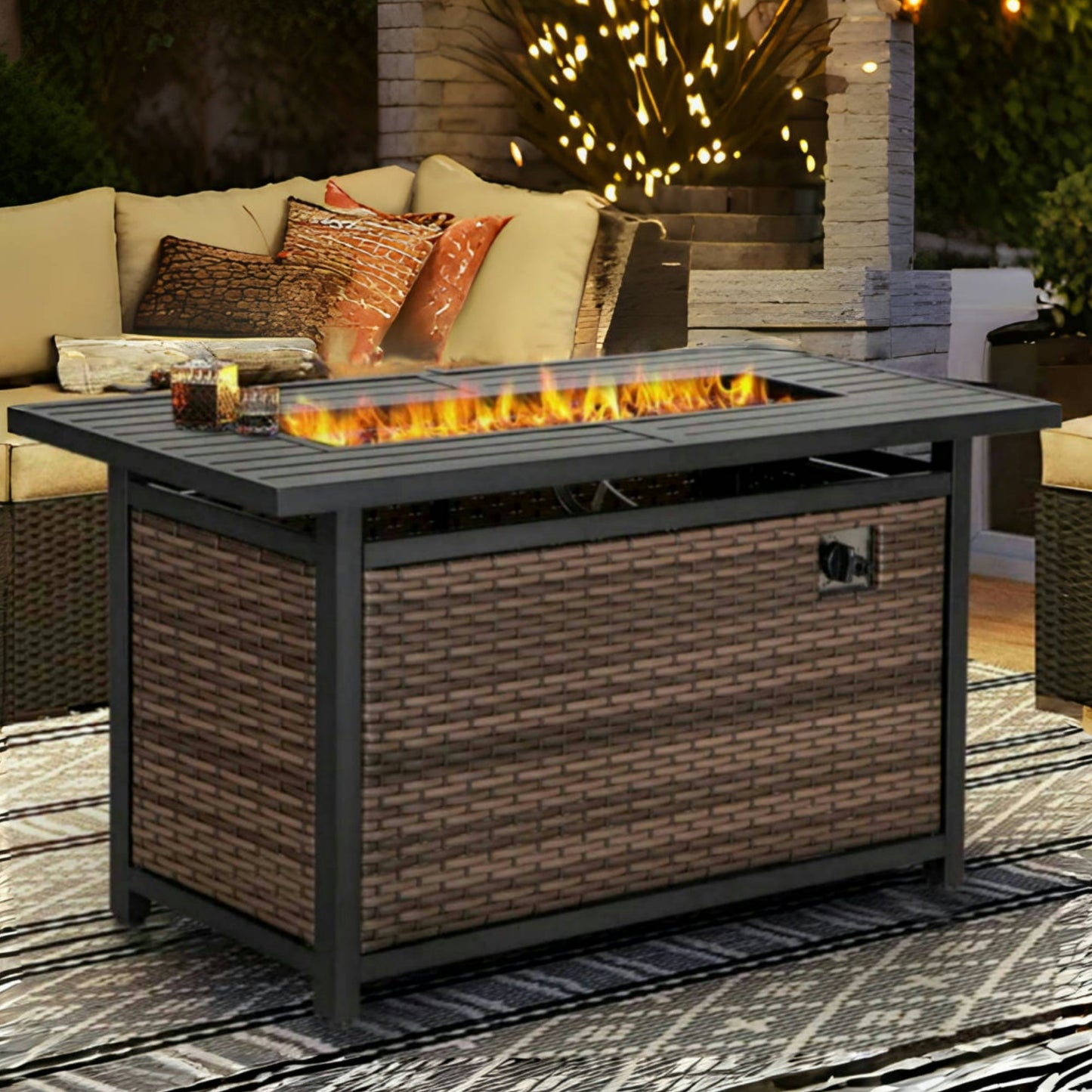 MF Studio 56 inch 50000BTU Outdoor Rattan Propane Gas Fire Pit Table with Lid, Dark Brown and Black