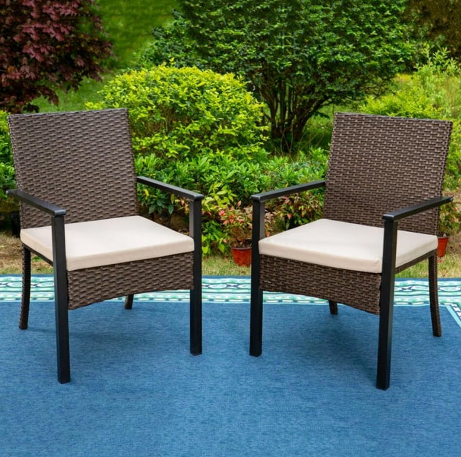 Summit Living Set of 2 Outdoor Wicker Dining Chairs with Cushions, Dark Brown & Beige