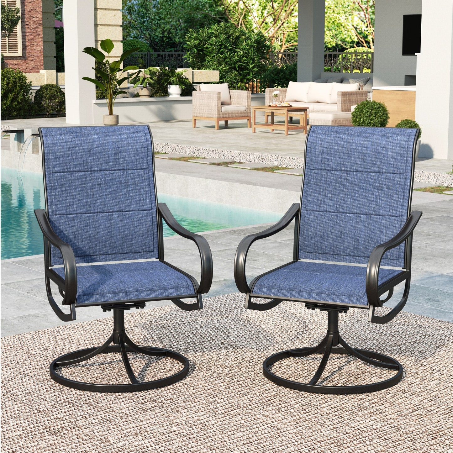 Summit Living Set of 2 High-Back Swivel Outdoor Dining Chairs with Padded Textilene Seat, Black & Blue