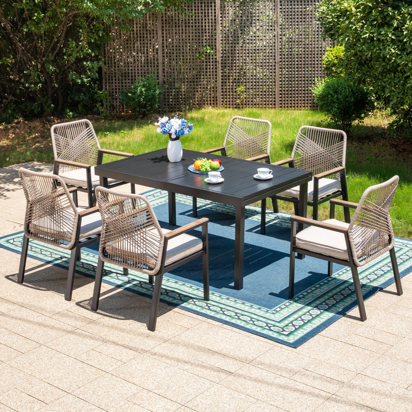 Summit Living 7-Piece Patio Dining Set with 6 Cushioned Rattan Chairs and Large Extendable Table, Black and Beige