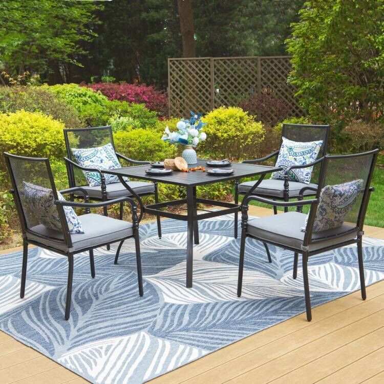 Summit Living 5-Piece Patio Dining Set, Steel Mesh Chair with Cushion & Square Table for 4-Person, Black & Gray