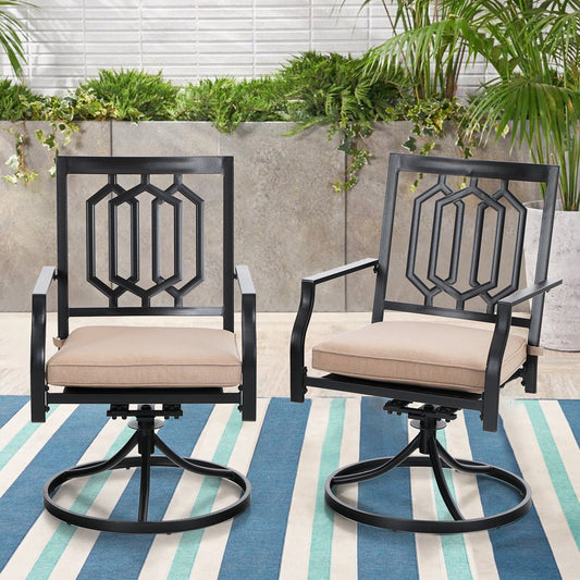 MF Studio Set of 2 Outdoor Swivel Dining Chairs, Steel Frame with Cushion, Black&Beige