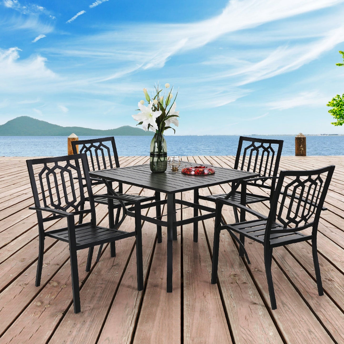 MF Studio 5-Piece Outdoor Patio Dining Set, Metal Steel Furniture Set with Stacking Chairs for 4-Person, Black