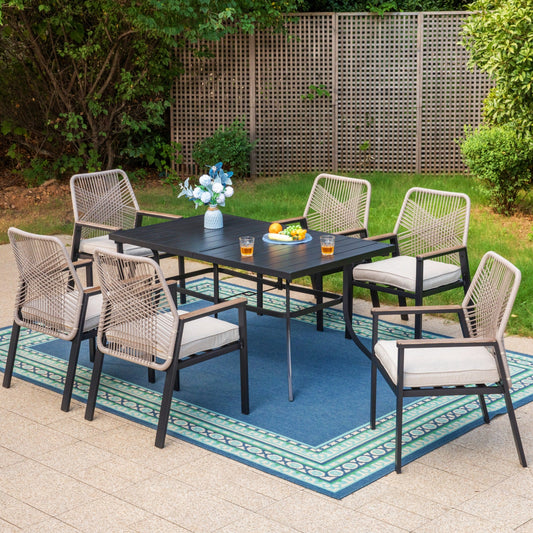 Summit Living 7-Piece Patio Dining Set with Cushioned Rattan Chairs and Rectangular Table for 6-Person, Black and Beige