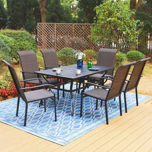 MF Studio 7-Piece Outdoor Patio High-Back Wicker Dinning Set for 6-Person, Black & Dark Brown