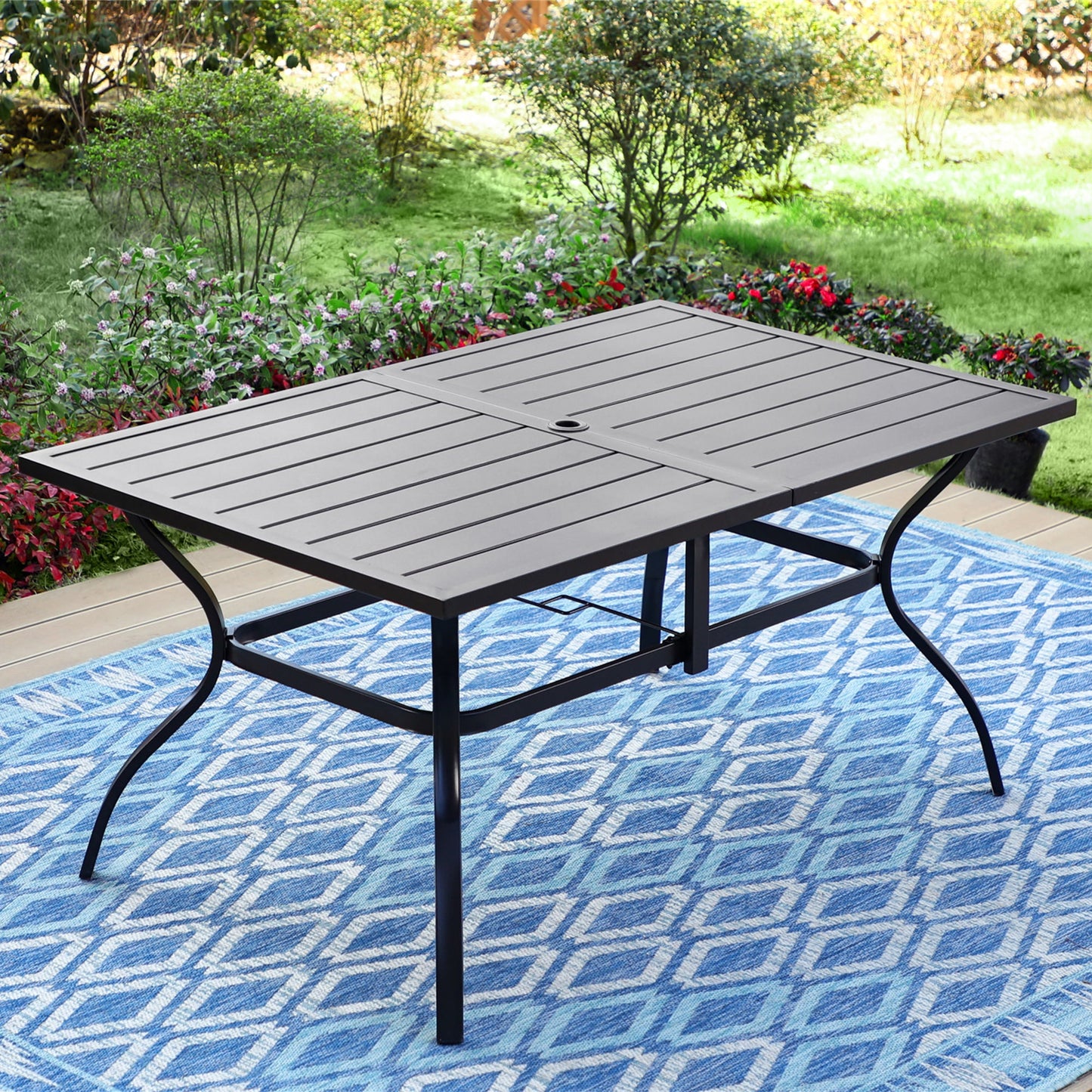 MF Studio 6-Person Outdoor Rectangular Metal Dining Table with Umbrella Hole, All-Weather Resistance, Heavy-Duty Frame, Black