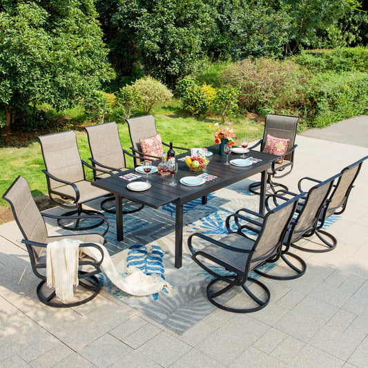 Summit Living 9-Piece Outdoor Dining Set with High Back Swivel Padded Chairs & Extendable Table for 8-Person, Black Steel Frame & Gray Brown Textilene