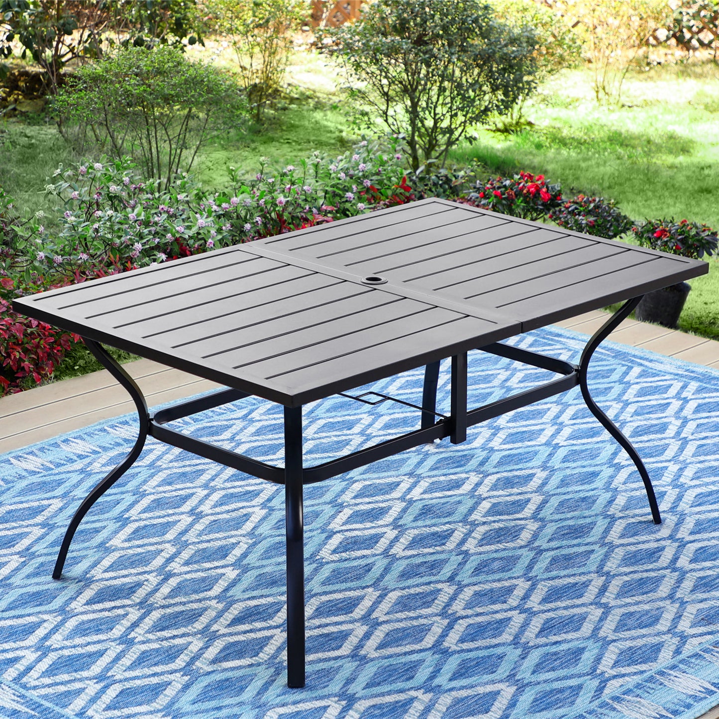 MF Studio 6-seat Outdoor Rectangular Metal Dining Table with Umbrella Hole, All-Weather Resistance, Black