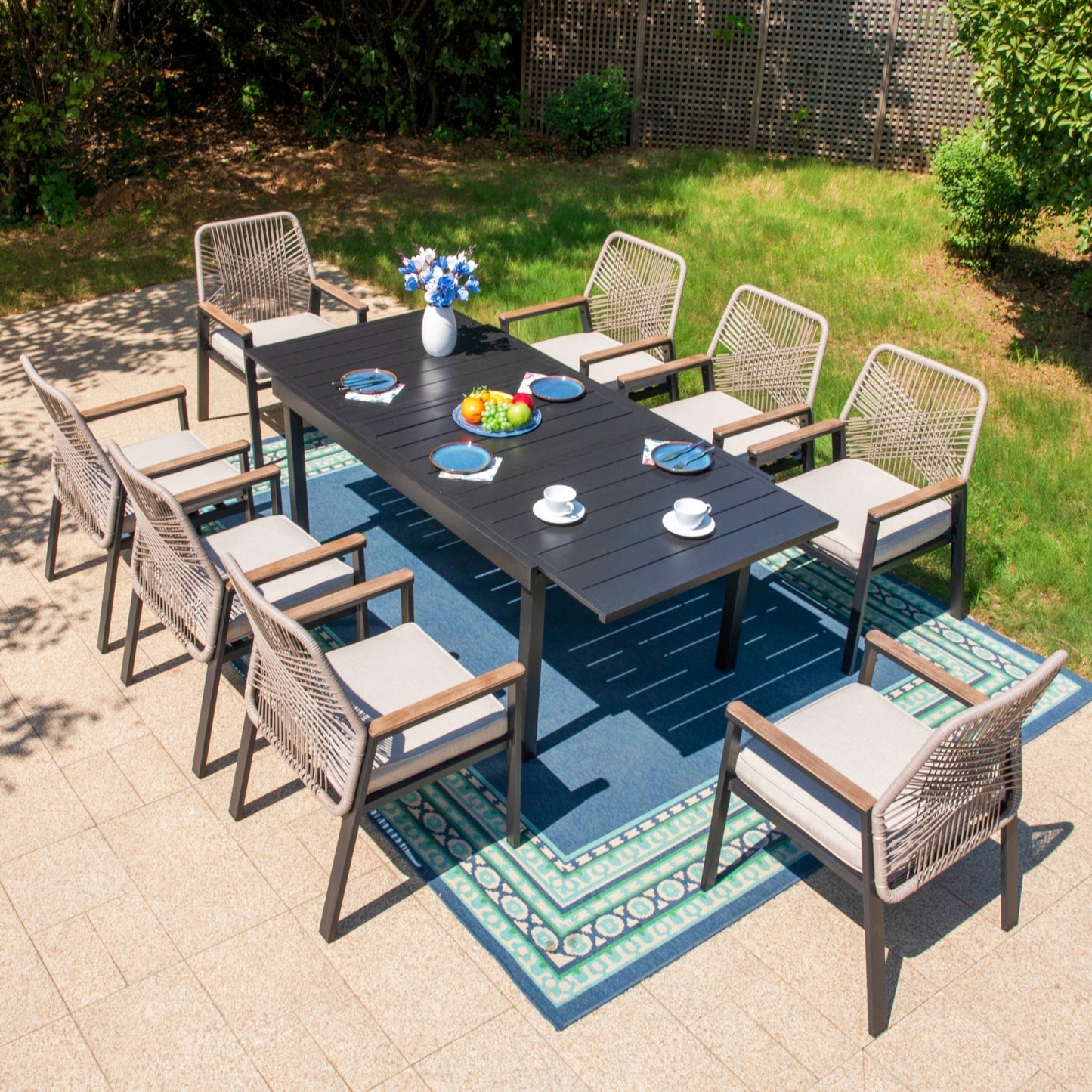 Summit Living 9-Piece Patio Dining Set with 8 Cushioned Rattan Chairs and Large Extendable Table, Black and Beige