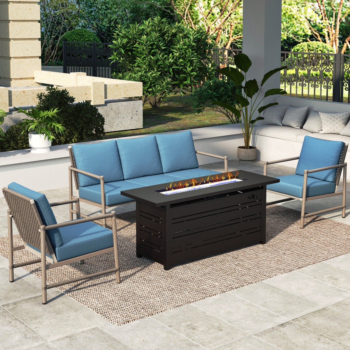 MF Studio 4-Piece Patio Conversation Set with Fire Pit Table, 3-Seat Sofa & 2 Lounge Chairs, Wood-grain Metal Frame & Wicker Back, Blue