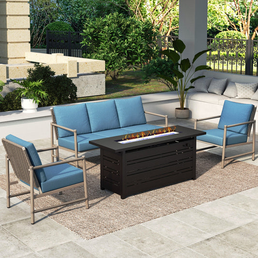 MF Studio 4-Piece Patio Conversation Set with Fire Pit Table, 3-Seat Sofa & 2 Lounge Chairs, Wood-grain Metal Frame & Wicker Back, Blue