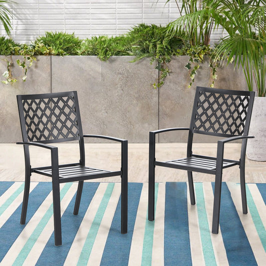 MF Studio Set of 2 Outdoor Patio Stacking Dining Chairs, All-Weather Metal Steel, Black