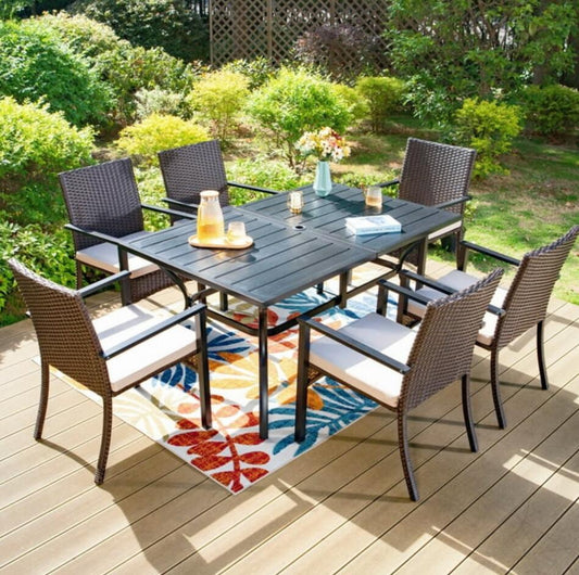 MF Studio 7-Piece Patio Dining Set with 6 Wicker Cushioned Chairs & Rectangular Table, Black & Dark Brown